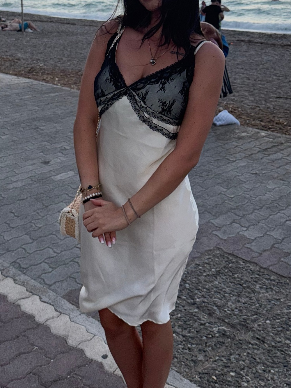 Silk Lace Slip Dress - Cream with Black Lace